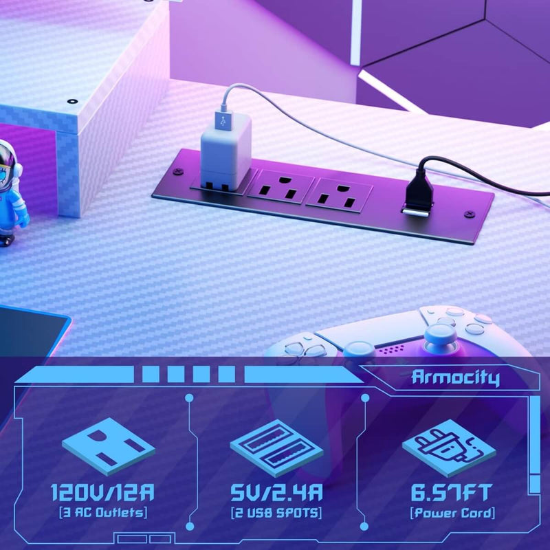 Gaming Desk with Hutch and LED Lights, Computer Table with Storage Shelves