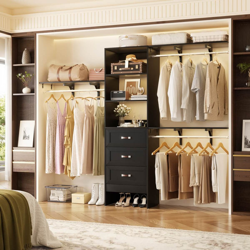 96 inch Heavy Duty Closet Organizer with 3 Drawers, Shelvs and Hanging Rods