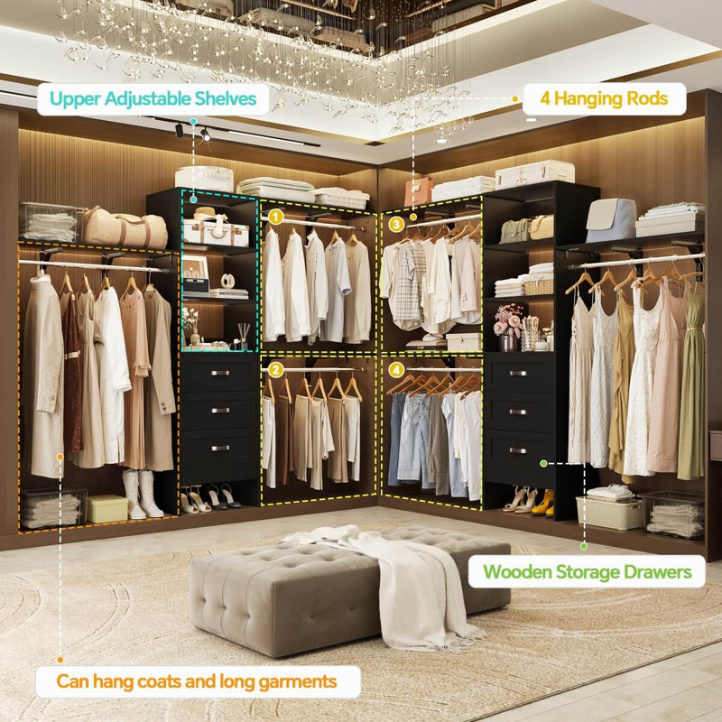 96 inch Heavy Duty Closet Organizer with 3 Drawers, Shelvs and Hanging Rods