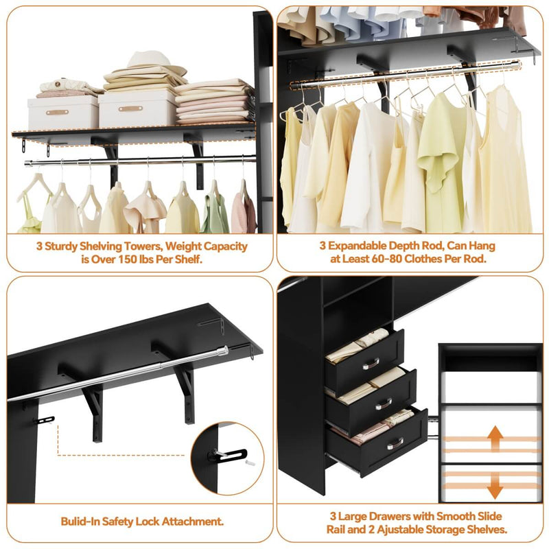 96 inch Heavy Duty Closet Organizer with 3 Drawers, Shelvs and Hanging Rods