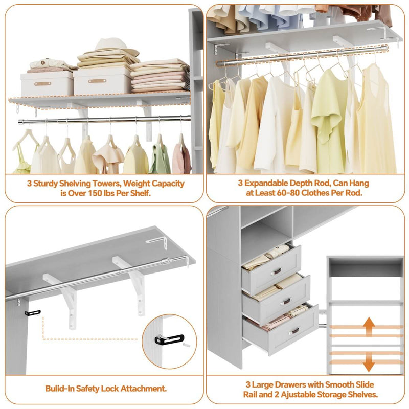 96 inch Heavy Duty Closet Organizer with 3 Drawers, Shelvs and Hanging Rods