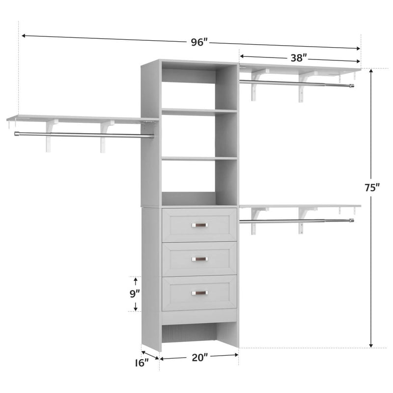 96 inch Heavy Duty Closet Organizer with 3 Drawers, Shelvs and Hanging Rods