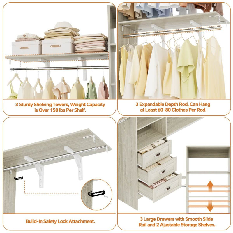 96 inch Heavy Duty Closet Organizer with 3 Drawers, Shelvs and Hanging Rods