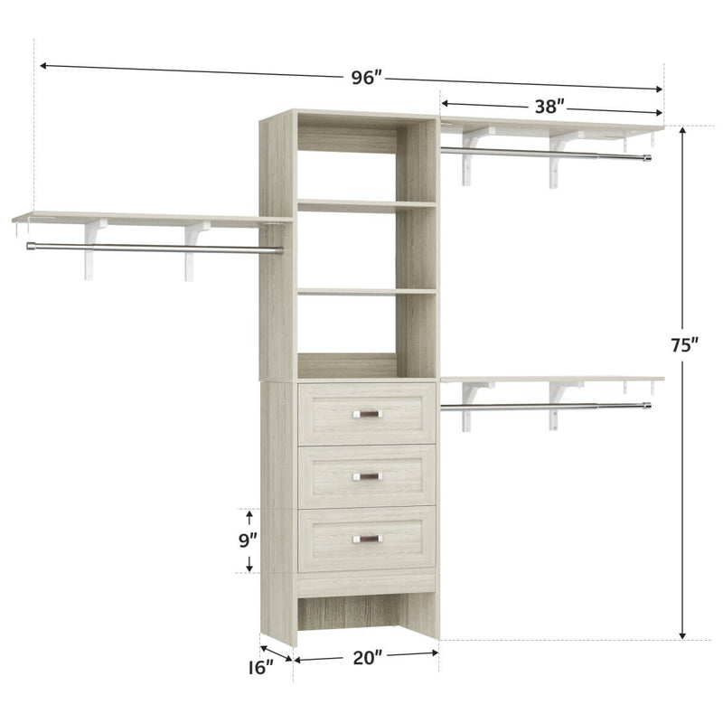 96 inch Heavy Duty Closet Organizer with 3 Drawers, Shelvs and Hanging Rods