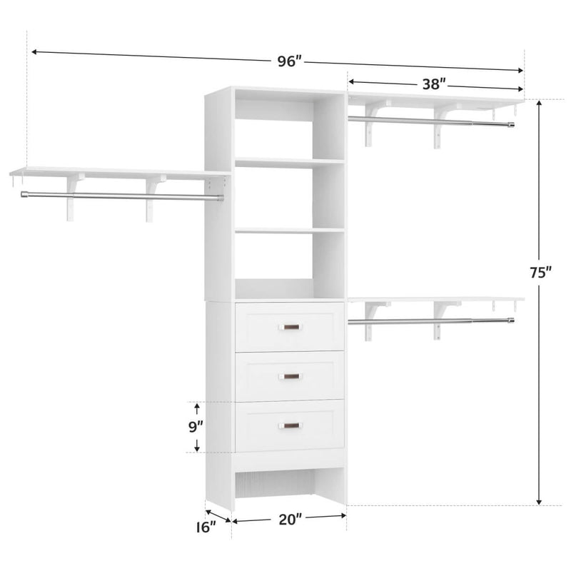 96 inch Heavy Duty Closet Organizer with 3 Drawers, Shelvs and Hanging Rods