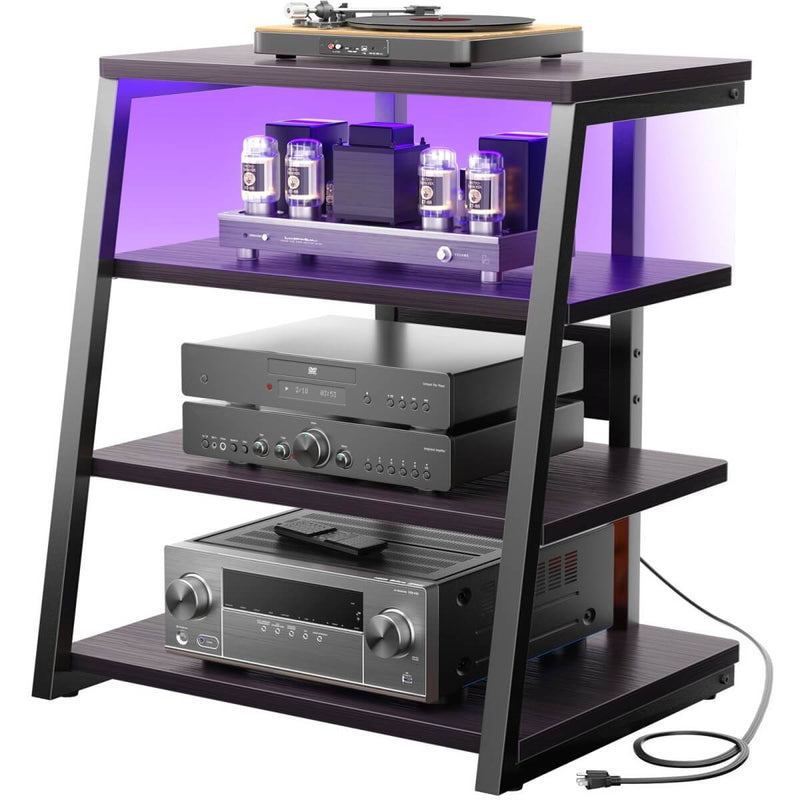 4-Tier Wooden AV Component Media Stand with Power Outlets and LED Lights