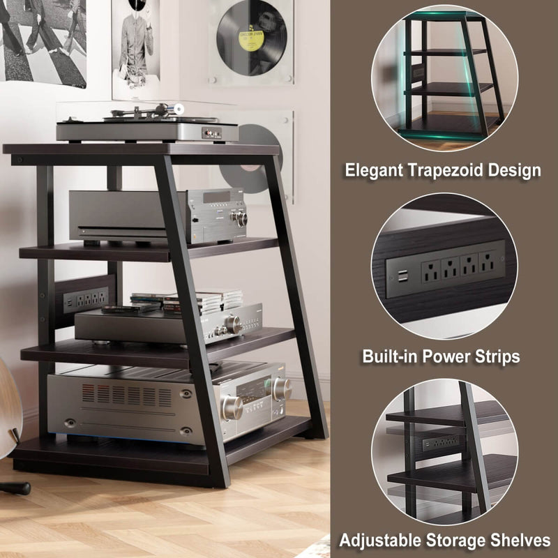4-Tier Wooden AV Component Media Stand with Power Outlets and LED Lights
