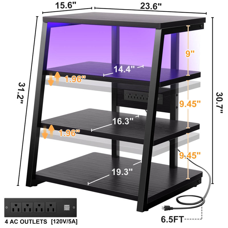 4-Tier Wooden AV Component Media Stand with Power Outlets and LED Lights