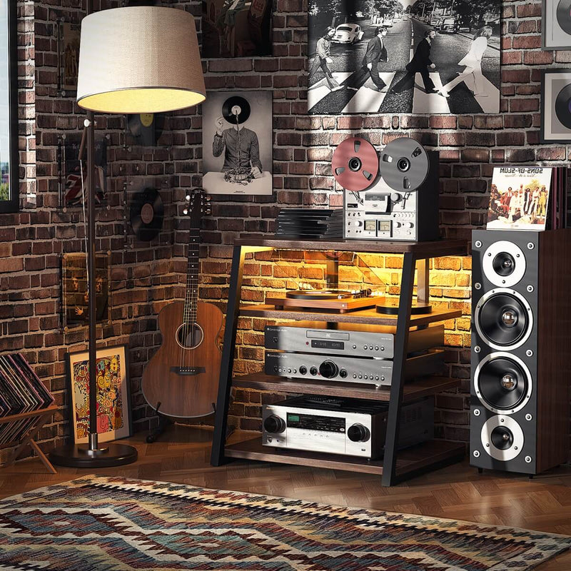 4-Tier Wooden AV Component Media Stand with Power Outlets and LED Lights