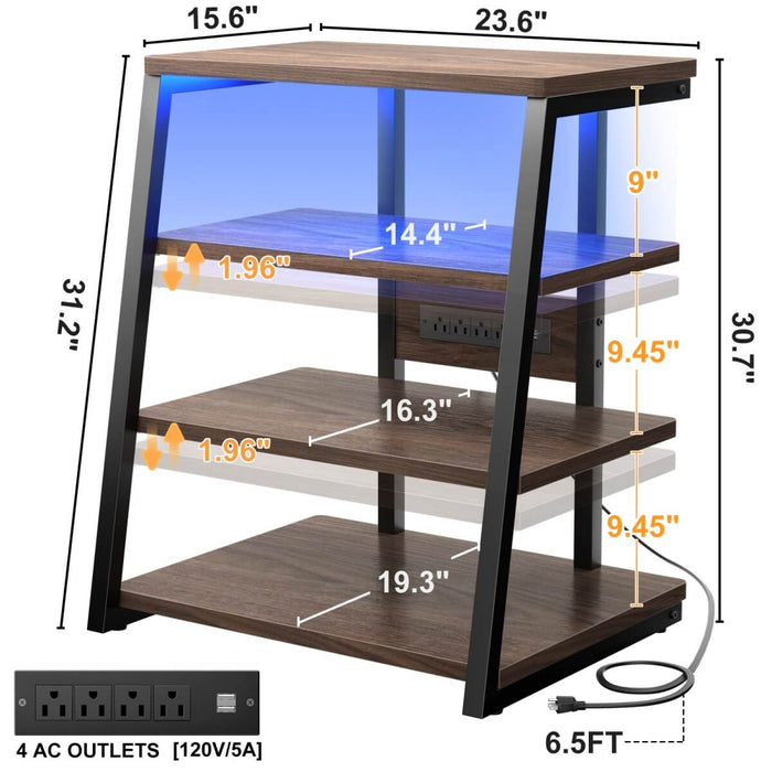 4-Tier Wooden AV Component Media Stand with Power Outlets and LED Lights