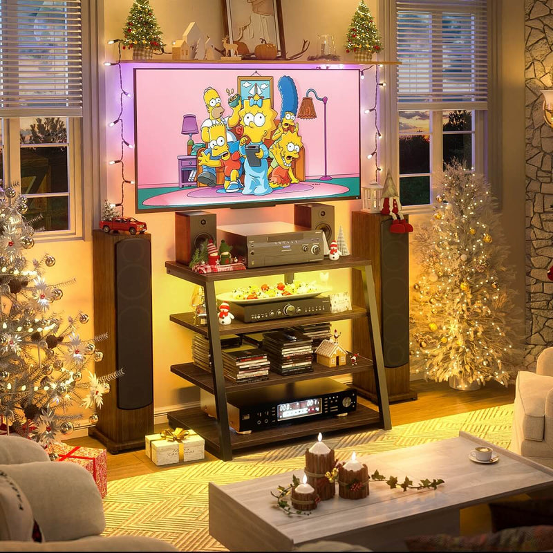 4-Tier Wooden AV Component Media Stand with Power Outlets and LED Lights