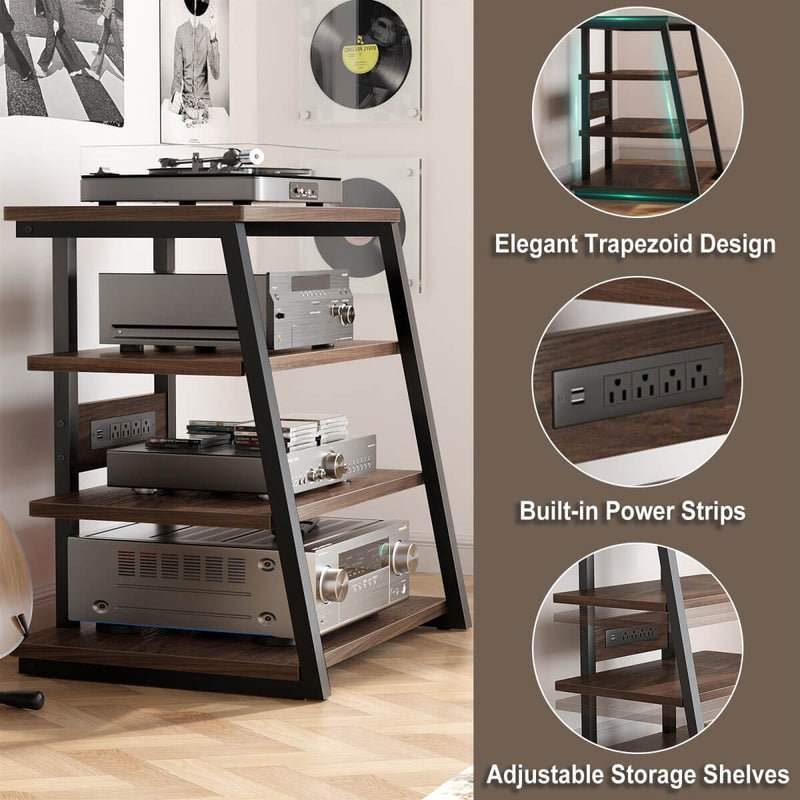 4-Tier Wooden AV Component Media Stand with Power Outlets and LED Lights