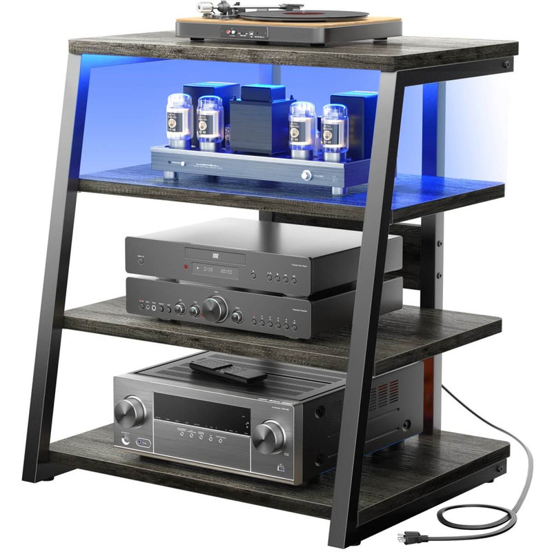 4-Tier Wooden AV Component Media Stand with Power Outlets and LED Lights