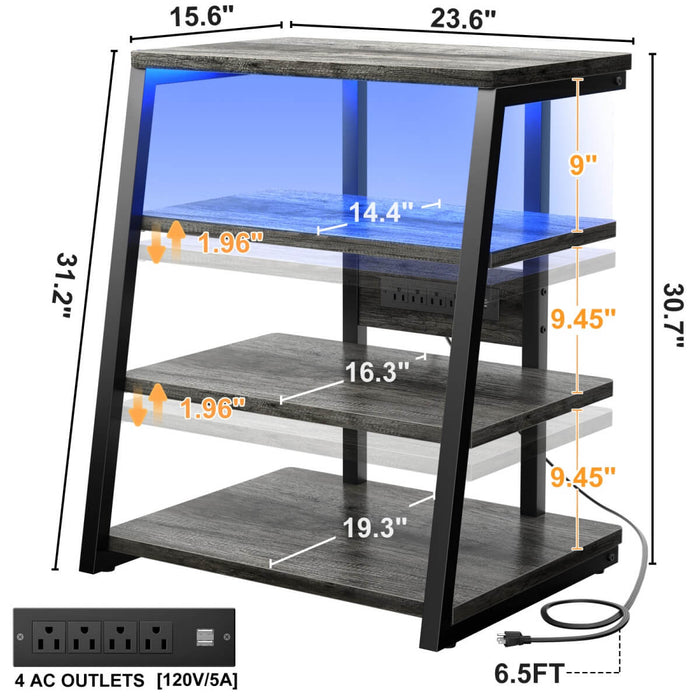 4-Tier Wooden AV Component Media Stand with Power Outlets and LED Lights