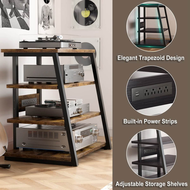 4-Tier Wooden AV Component Media Stand with Power Outlets and LED Lights