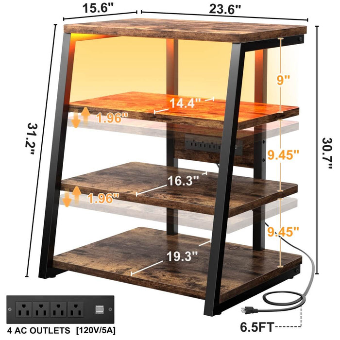 4-Tier Wooden AV Component Media Stand with Power Outlets and LED Lights