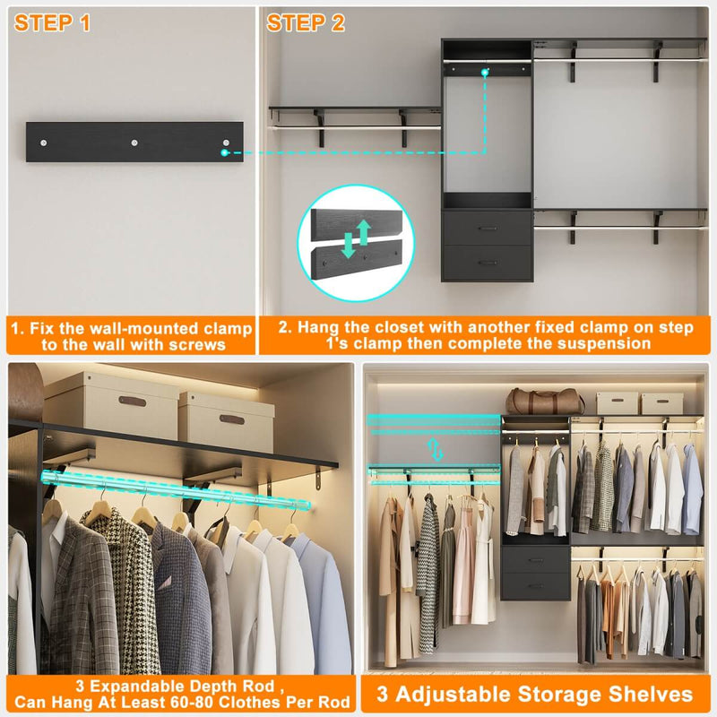Wall Mounted Closet System with 2 Drawers, Adjustable