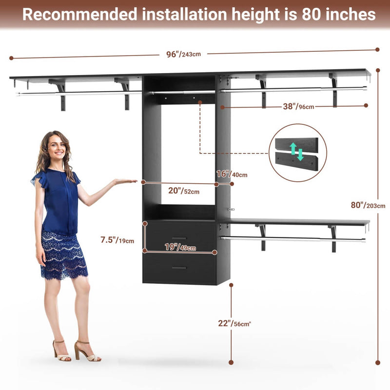 Wall Mounted Closet System with 2 Drawers, Adjustable