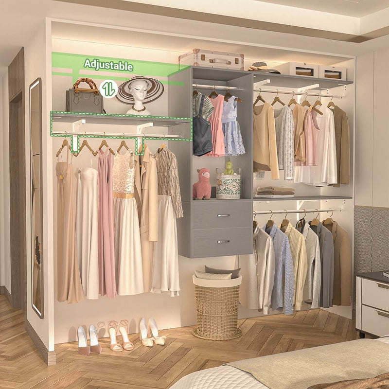 Wall Mounted Closet System with 2 Drawers, Adjustable