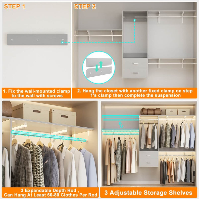 Wall Mounted Closet System with 2 Drawers, Adjustable