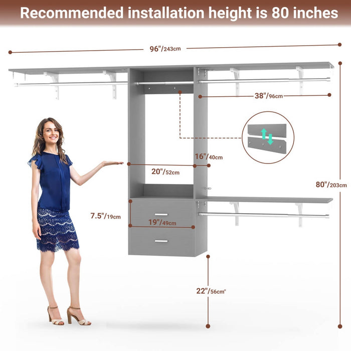 Wall Mounted Closet System with 2 Drawers, Adjustable