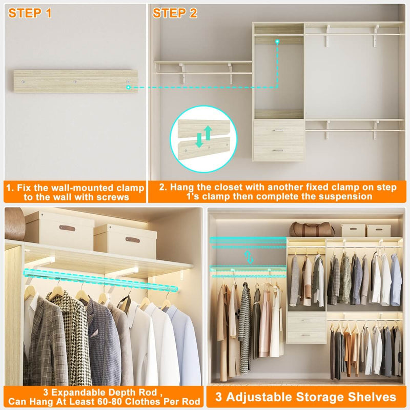 Wall Mounted Closet System with 2 Drawers, Adjustable