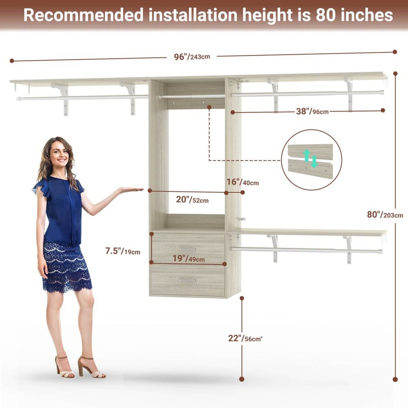 Wall Mounted Closet System with 2 Drawers, Adjustable
