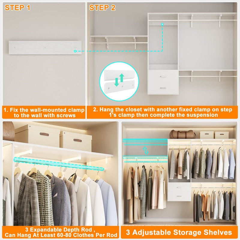 Wall Mounted Closet System with 2 Drawers, Adjustable