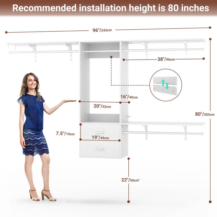 Wall Mounted Closet System with 2 Drawers, Adjustable