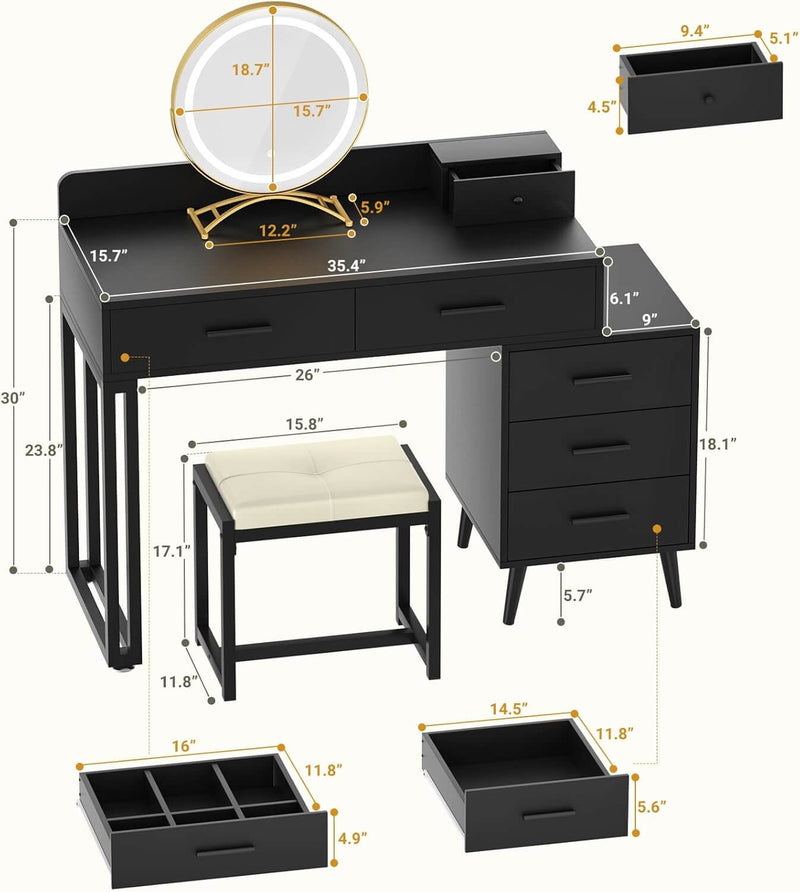 6 Drawers Makeup Vanity Set with Stool and LED Mirror