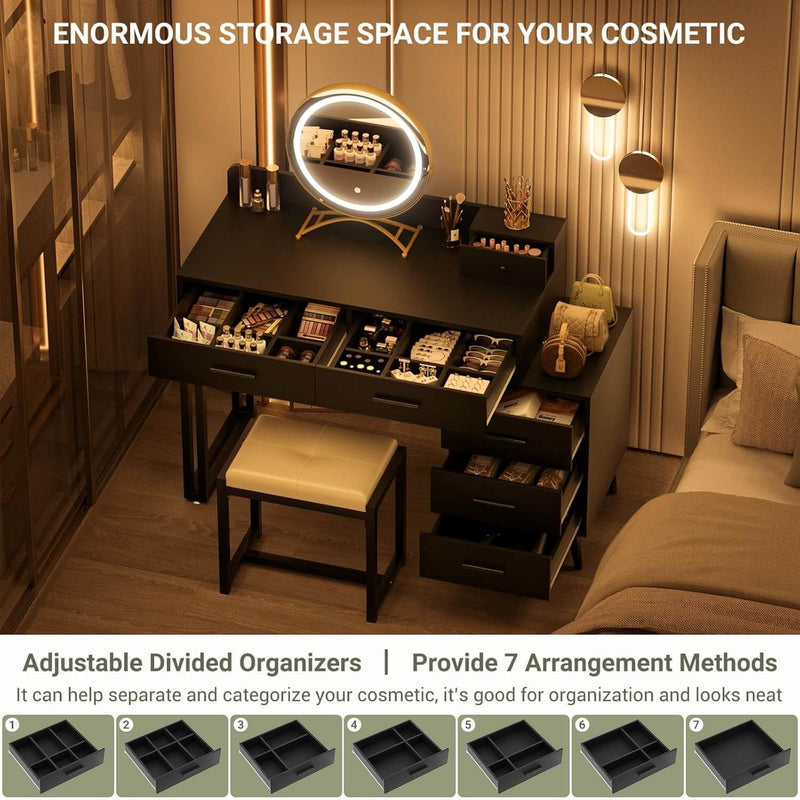 6 Drawers Makeup Vanity Set with Stool and LED Mirror