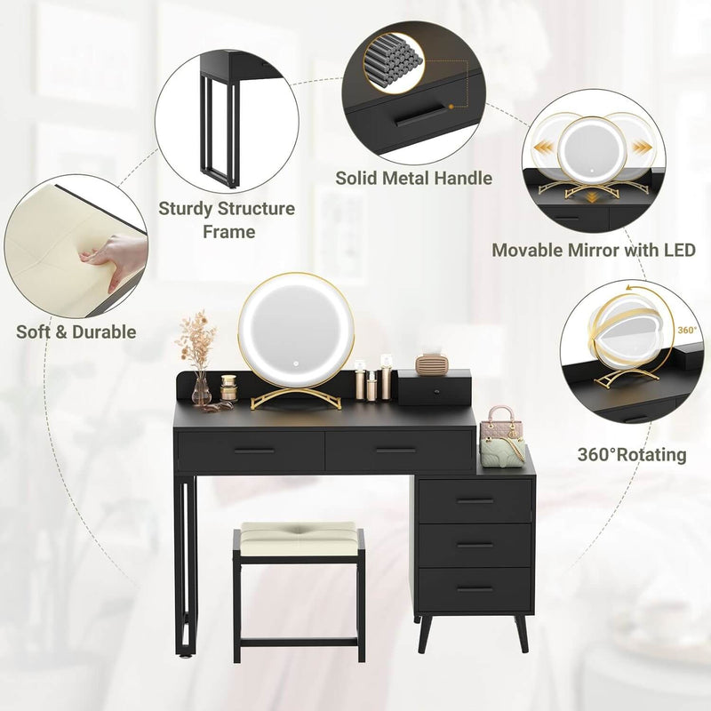 6 Drawers Makeup Vanity Set with Stool and LED Mirror