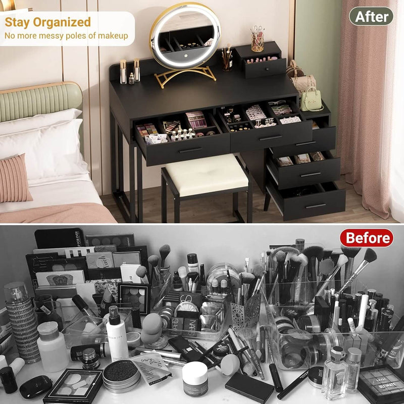 6 Drawers Makeup Vanity Set with Stool and LED Mirror