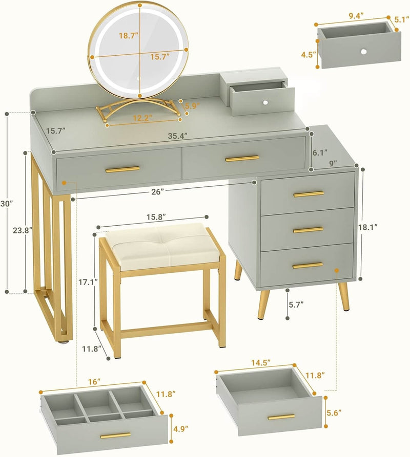 6 Drawers Makeup Vanity Set with Stool and LED Mirror