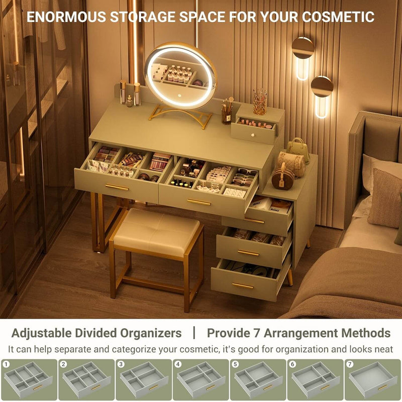 6 Drawers Makeup Vanity Set with Stool and LED Mirror