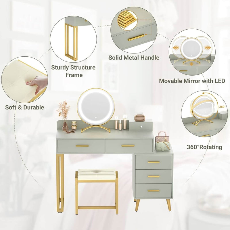 6 Drawers Makeup Vanity Set with Stool and LED Mirror