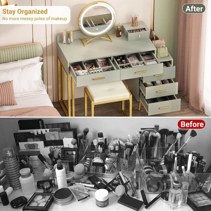 6 Drawers Makeup Vanity Set with Stool and LED Mirror