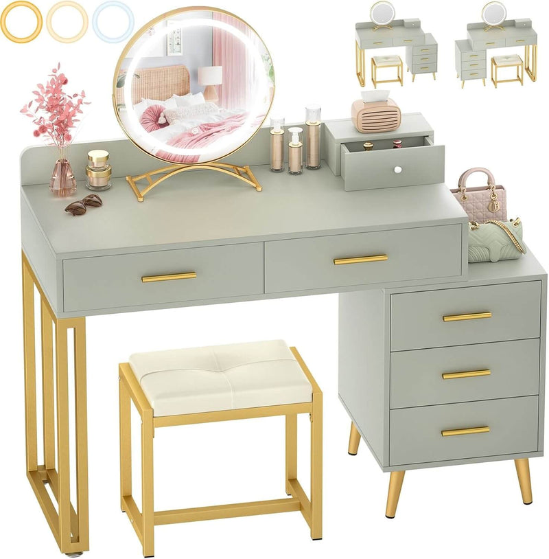 6 Drawers Makeup Vanity Set with Stool and LED Mirror