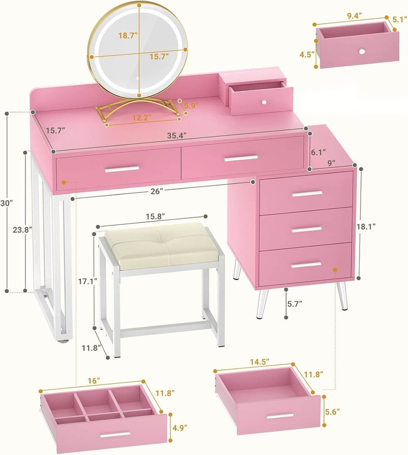 6 Drawers Makeup Vanity Set with Stool and LED Mirror