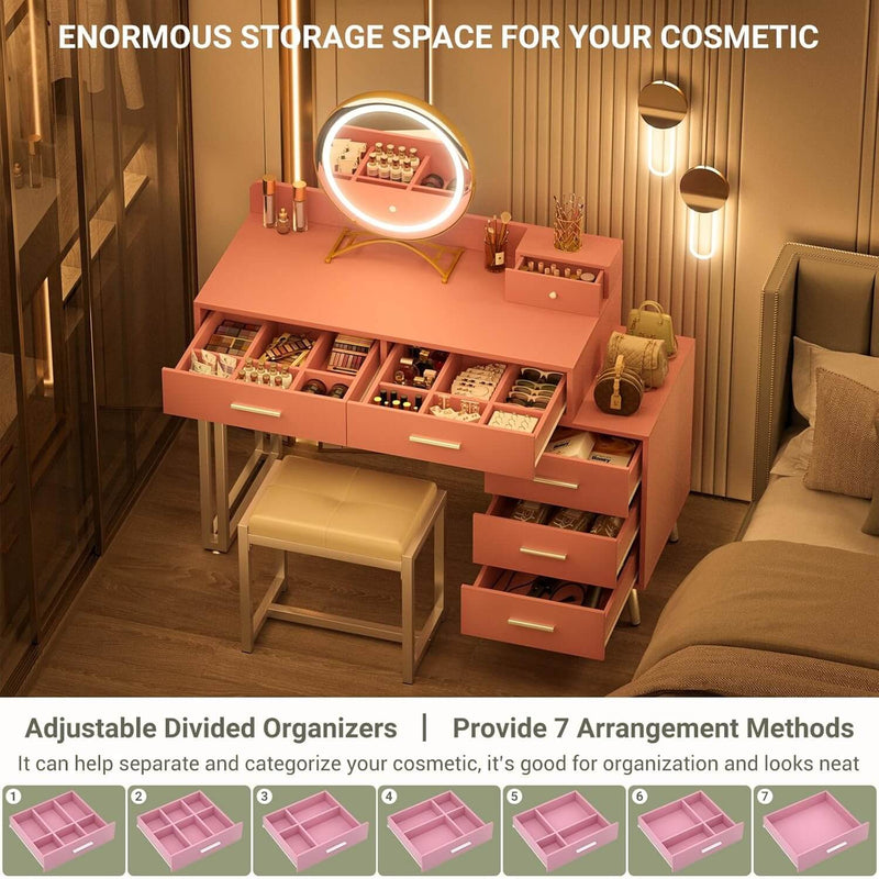 6 Drawers Makeup Vanity Set with Stool and LED Mirror