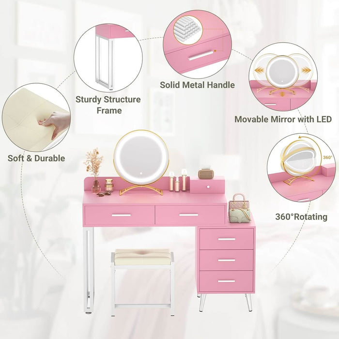 6 Drawers Makeup Vanity Set with Stool and LED Mirror