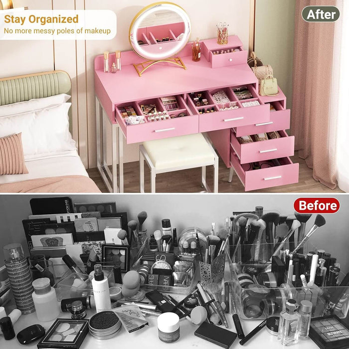 6 Drawers Makeup Vanity Set with Stool and LED Mirror