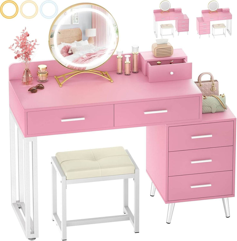 6 Drawers Makeup Vanity Set with Stool and LED Mirror