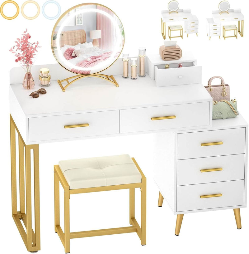6 Drawers Makeup Vanity Set with Stool and LED Mirror