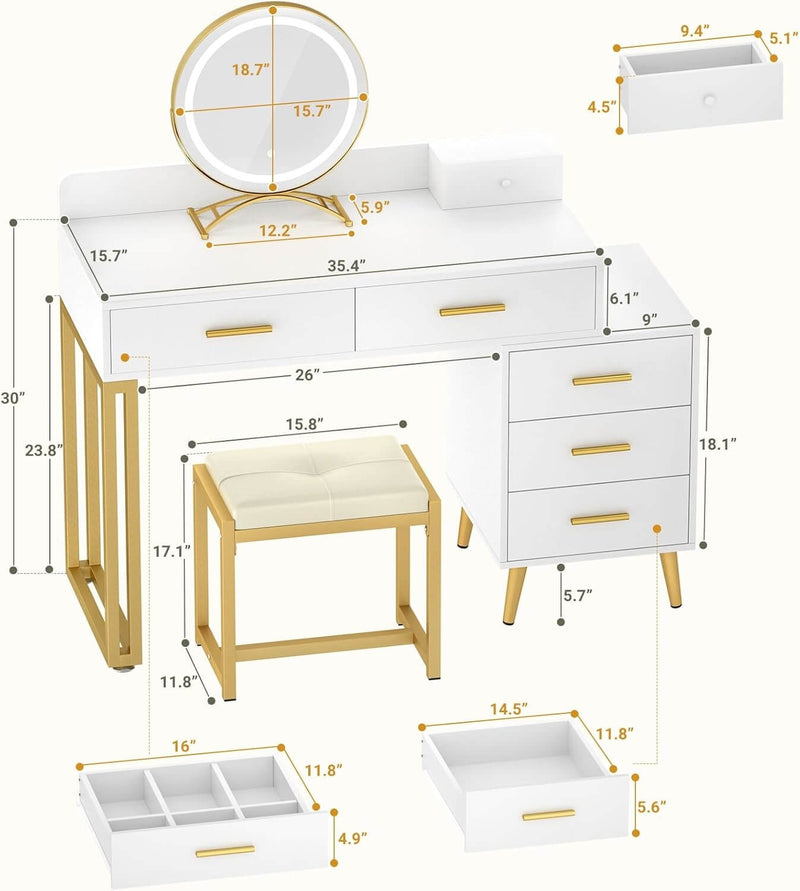 6 Drawers Makeup Vanity Set with Stool and LED Mirror
