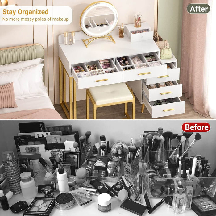 6 Drawers Makeup Vanity Set with Stool and LED Mirror