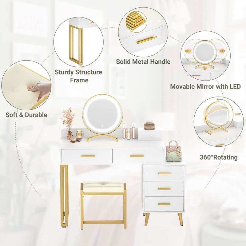 6 Drawers Makeup Vanity Set with Stool and LED Mirror