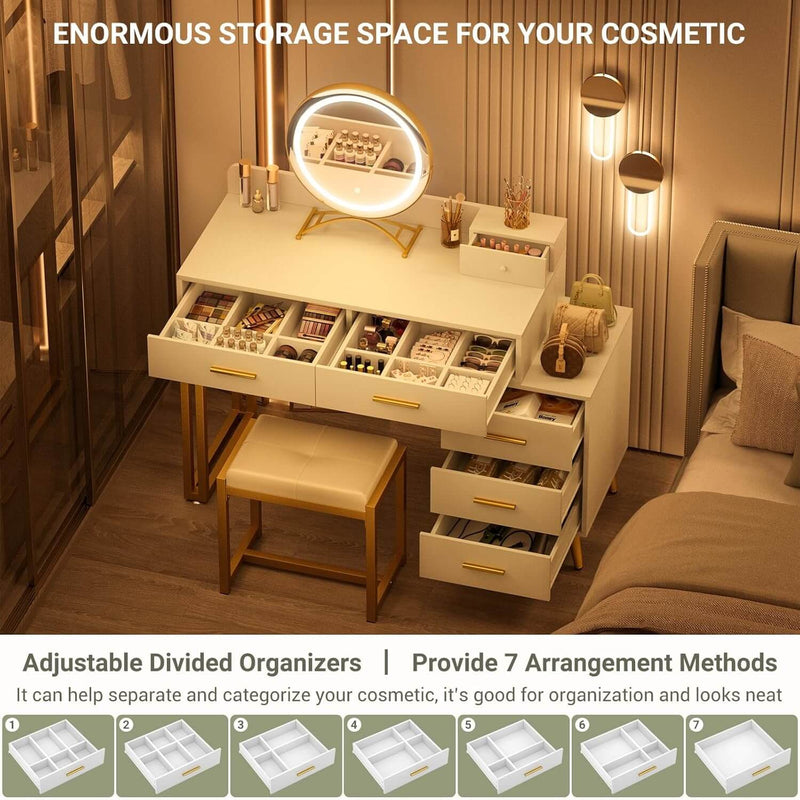 6 Drawers Makeup Vanity Set with Stool and LED Mirror