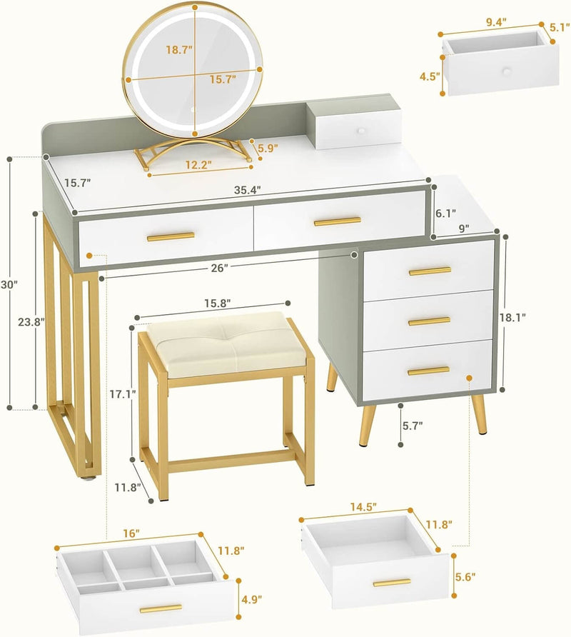 6 Drawers Makeup Vanity Set with Stool and LED Mirror
