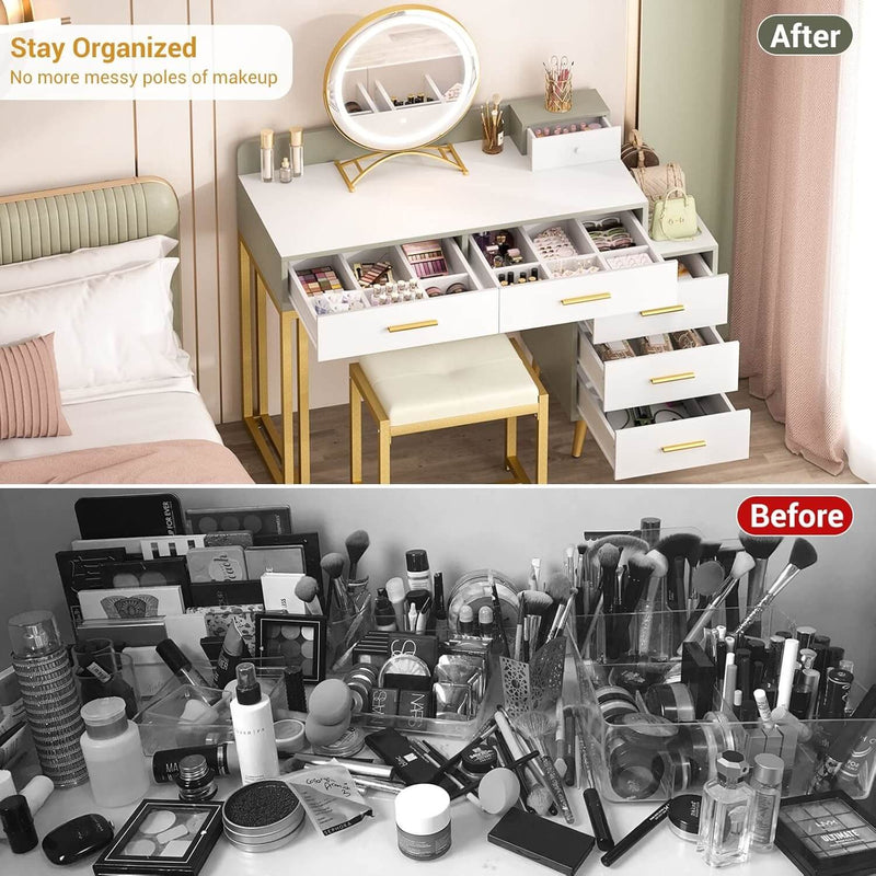 6 Drawers Makeup Vanity Set with Stool and LED Mirror